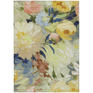 HomeRoots 5' Washable Floral Area Rug in Artichoke Green, Yellow & Blue - Perfect for Indoor & Outdoor Spaces! 641141