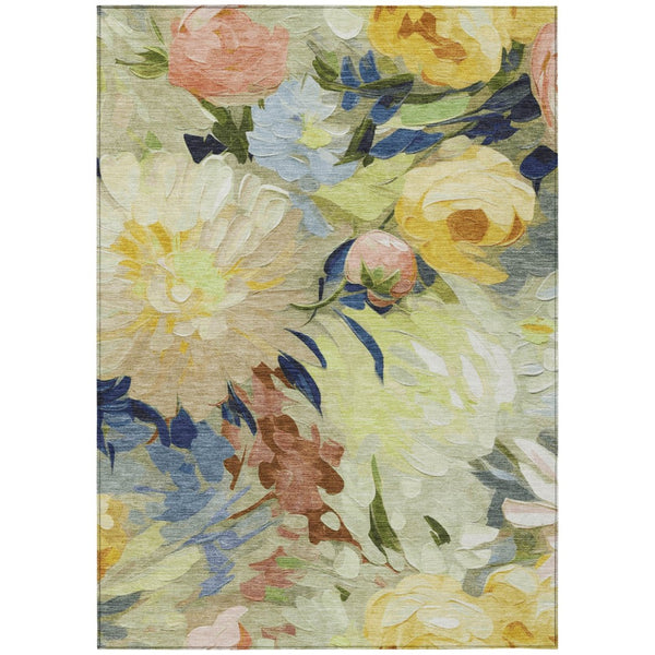 HomeRoots 5' Washable Floral Area Rug in Artichoke Green, Yellow & Blue - Perfect for Indoor & Outdoor Spaces! 641141