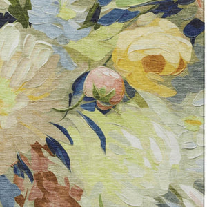 HomeRoots 5' Washable Floral Area Rug in Artichoke Green, Yellow & Blue - Perfect for Indoor & Outdoor Spaces! 641141