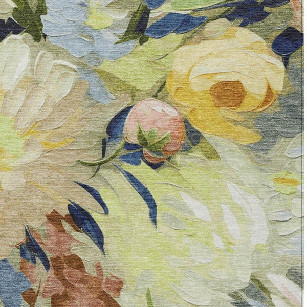 HomeRoots 5' Washable Floral Area Rug in Artichoke Green, Yellow & Blue - Perfect for Indoor & Outdoor Spaces! 641141