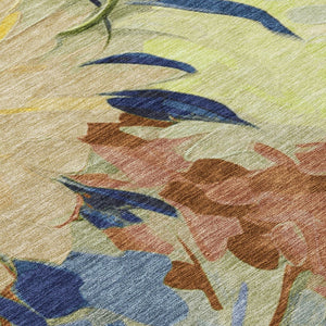 HomeRoots 5' Washable Floral Area Rug in Artichoke Green, Yellow & Blue - Perfect for Indoor & Outdoor Spaces! 641141