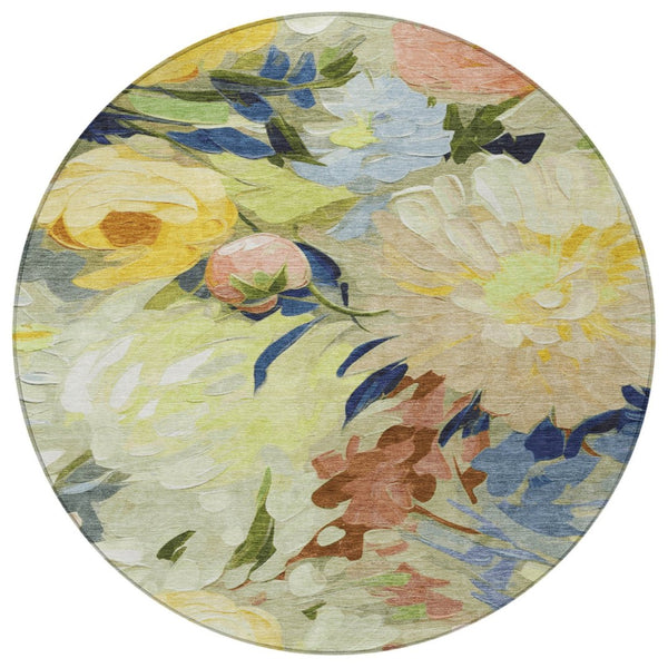 HomeRoots 8' Vibrant Floral Area Rug in Artichoke Green, Yellow & Blue - Washable for Indoor/Outdoor Use 641142