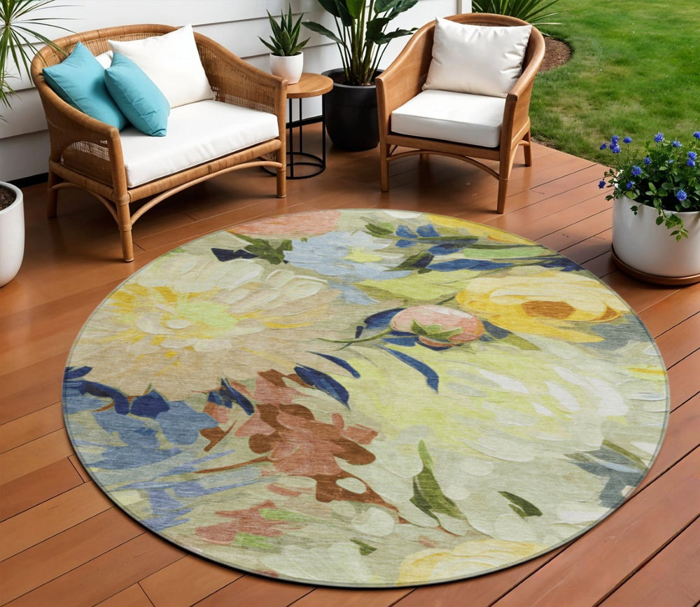 HomeRoots 8' Vibrant Floral Area Rug in Artichoke Green, Yellow & Blue - Washable for Indoor/Outdoor Use 641142