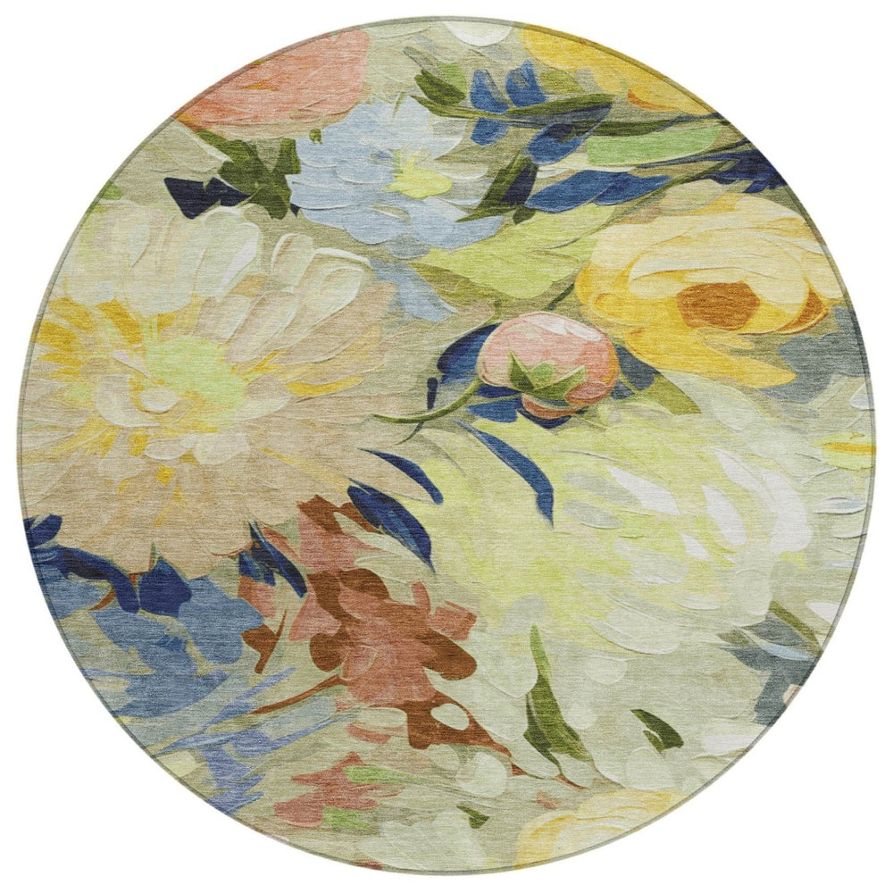 HomeRoots 8' Vibrant Floral Area Rug in Artichoke Green, Yellow & Blue - Washable for Indoor/Outdoor Use 641142