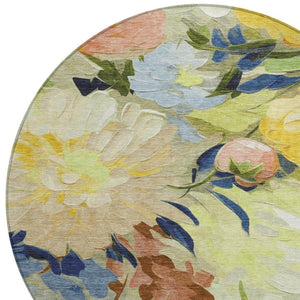 HomeRoots 8' Vibrant Floral Area Rug in Artichoke Green, Yellow & Blue - Washable for Indoor/Outdoor Use 641142