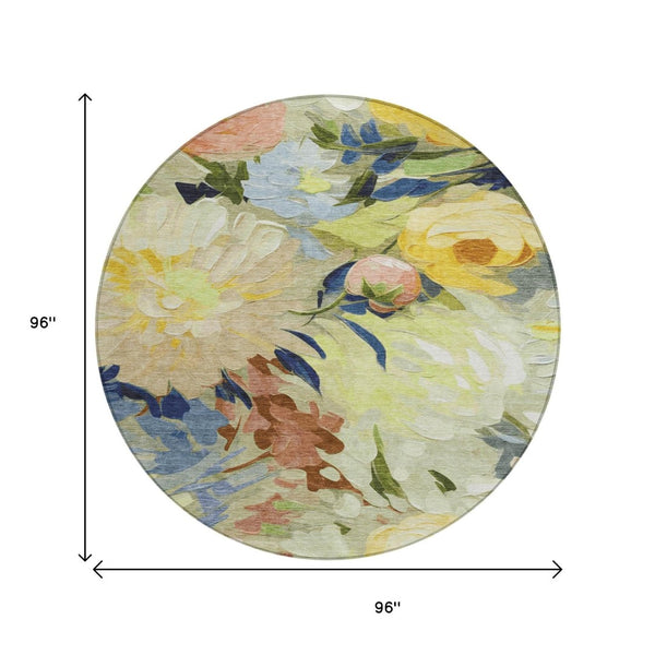 HomeRoots 8' Vibrant Floral Area Rug in Artichoke Green, Yellow & Blue - Washable for Indoor/Outdoor Use 641142