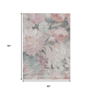 HomeRoots 5' X 8' Washable Beige Pink Ivory Floral Area Rug - Stylish, Durable Design for Indoor & Outdoor Use 641147