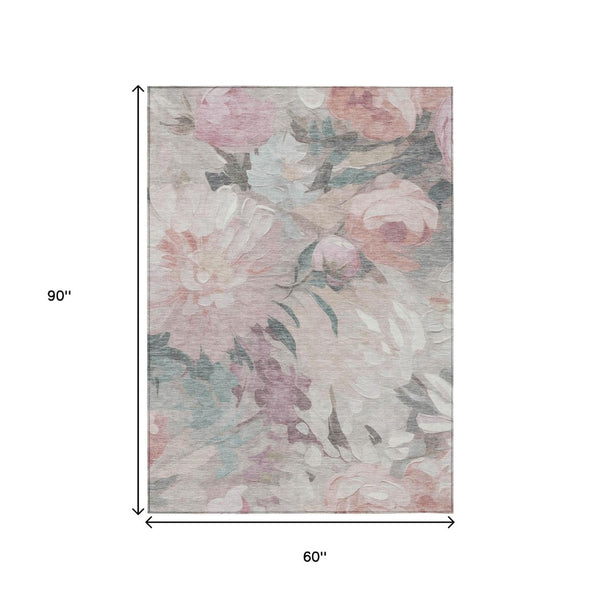 HomeRoots 5' X 8' Washable Beige Pink Ivory Floral Area Rug - Stylish, Durable Design for Indoor & Outdoor Use 641147