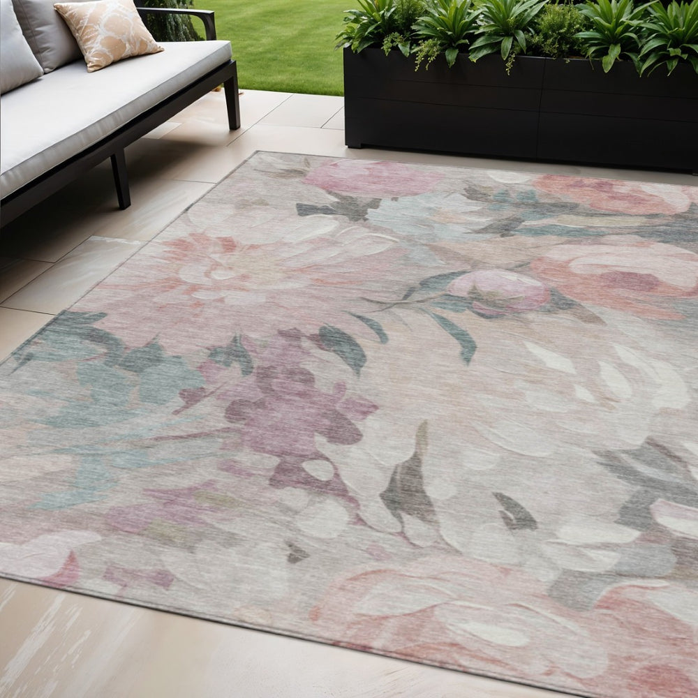 HomeRoots 5' X 8' Washable Beige Pink Ivory Floral Area Rug - Stylish, Durable Design for Indoor & Outdoor Use 641147