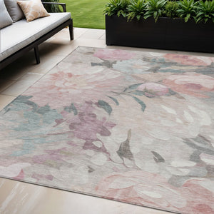 HomeRoots 5' X 8' Washable Beige Pink Ivory Floral Area Rug - Stylish, Durable Design for Indoor & Outdoor Use 641147