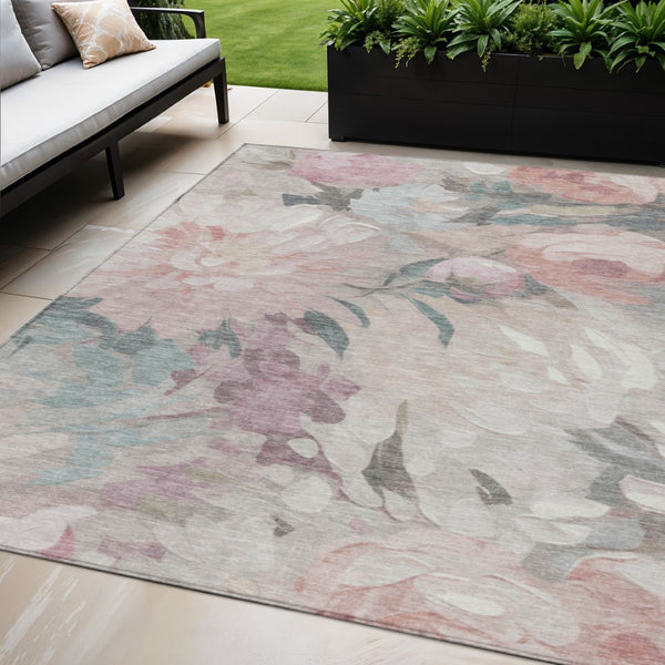 HomeRoots 5' X 8' Washable Beige Pink Ivory Floral Area Rug - Stylish, Durable Design for Indoor & Outdoor Use 641147