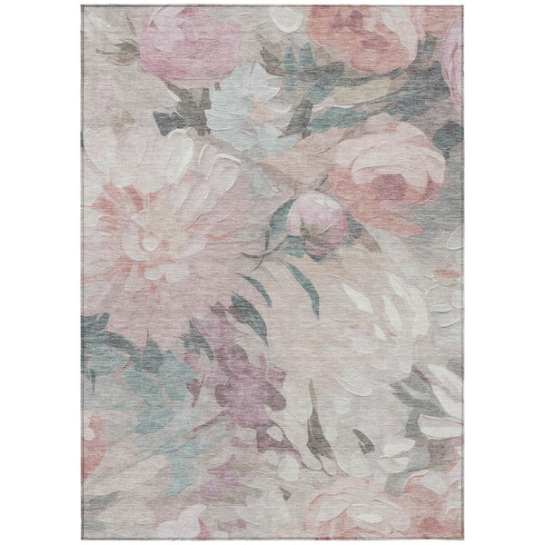 HomeRoots 5' X 8' Washable Beige Pink Ivory Floral Area Rug - Stylish, Durable Design for Indoor & Outdoor Use 641147