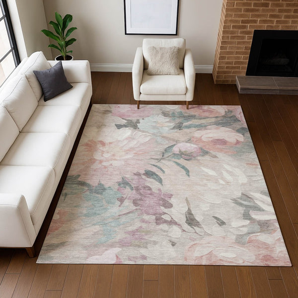 HomeRoots 5' X 8' Washable Beige Pink Ivory Floral Area Rug - Stylish, Durable Design for Indoor & Outdoor Use 641147