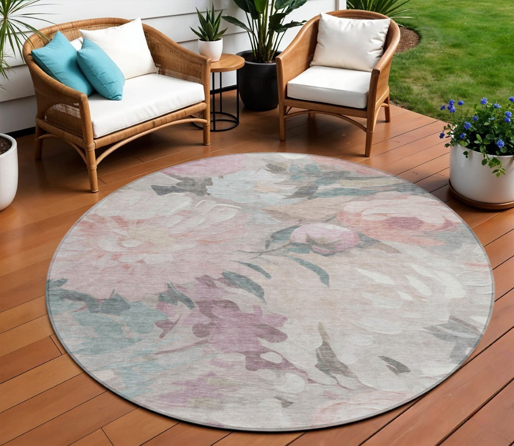 HomeRoots 8' Round Floral Washable Area Rug in Beige, Pink & Ivory - Perfect for Indoor & Outdoor Use! 641148