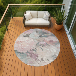 HomeRoots 8' Round Floral Washable Area Rug in Beige, Pink & Ivory - Perfect for Indoor & Outdoor Use! 641148