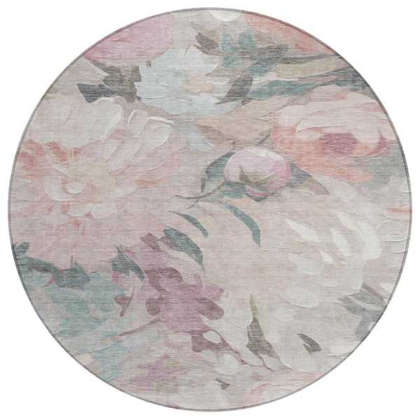 HomeRoots 8' Round Floral Washable Area Rug in Beige, Pink & Ivory - Perfect for Indoor & Outdoor Use! 641148