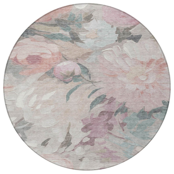 HomeRoots 8' Round Floral Washable Area Rug in Beige, Pink & Ivory - Perfect for Indoor & Outdoor Use! 641148