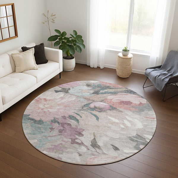 HomeRoots 8' Round Floral Washable Area Rug in Beige, Pink & Ivory - Perfect for Indoor & Outdoor Use! 641148