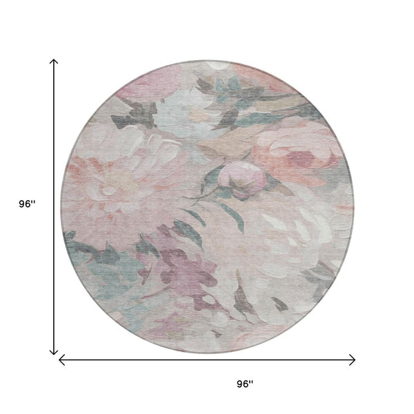 HomeRoots 8' Round Floral Washable Area Rug in Beige, Pink & Ivory - Perfect for Indoor & Outdoor Use! 641148