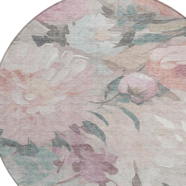 HomeRoots 8' Round Floral Washable Area Rug in Beige, Pink & Ivory - Perfect for Indoor & Outdoor Use! 641148