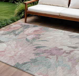 HomeRoots 8' X 10' Washable Indoor Outdoor Area Rug - Timeless Floral Design in Beige, Pink & Ivory Tones 641149