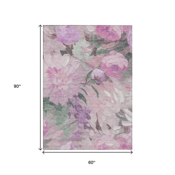 HomeRoots 5' X 8' Elegant Blush Mauve Floral Washable Area Rug for Indoor & Outdoor Use - Durable & Stylish! 641153