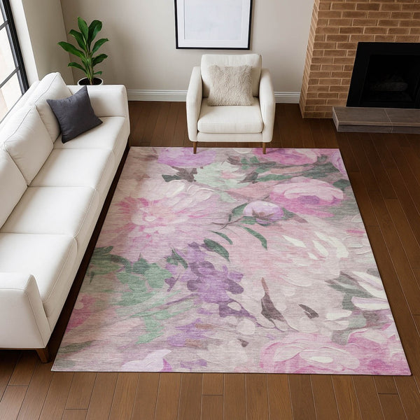 HomeRoots 5' X 8' Elegant Blush Mauve Floral Washable Area Rug for Indoor & Outdoor Use - Durable & Stylish! 641153