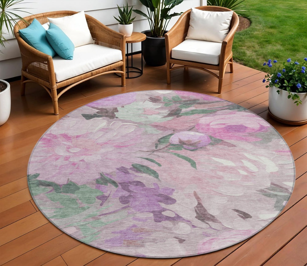 HomeRoots 8' Blush Mauve & Ivory Round Floral Rug - Durable, Washable, Perfect for Indoor & Outdoor Spaces! 641154