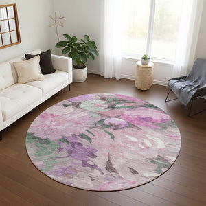 HomeRoots 8' Blush Mauve & Ivory Round Floral Rug - Durable, Washable, Perfect for Indoor & Outdoor Spaces! 641154