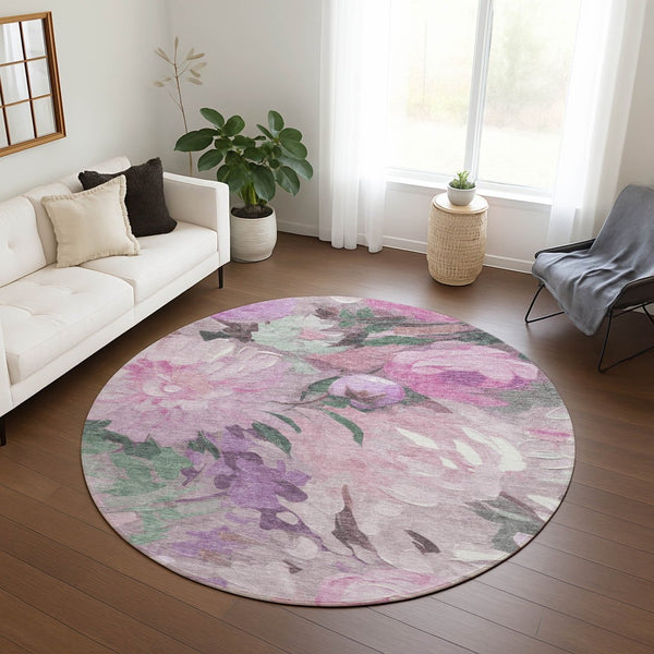 HomeRoots 8' Blush Mauve & Ivory Round Floral Rug - Durable, Washable, Perfect for Indoor & Outdoor Spaces! 641154