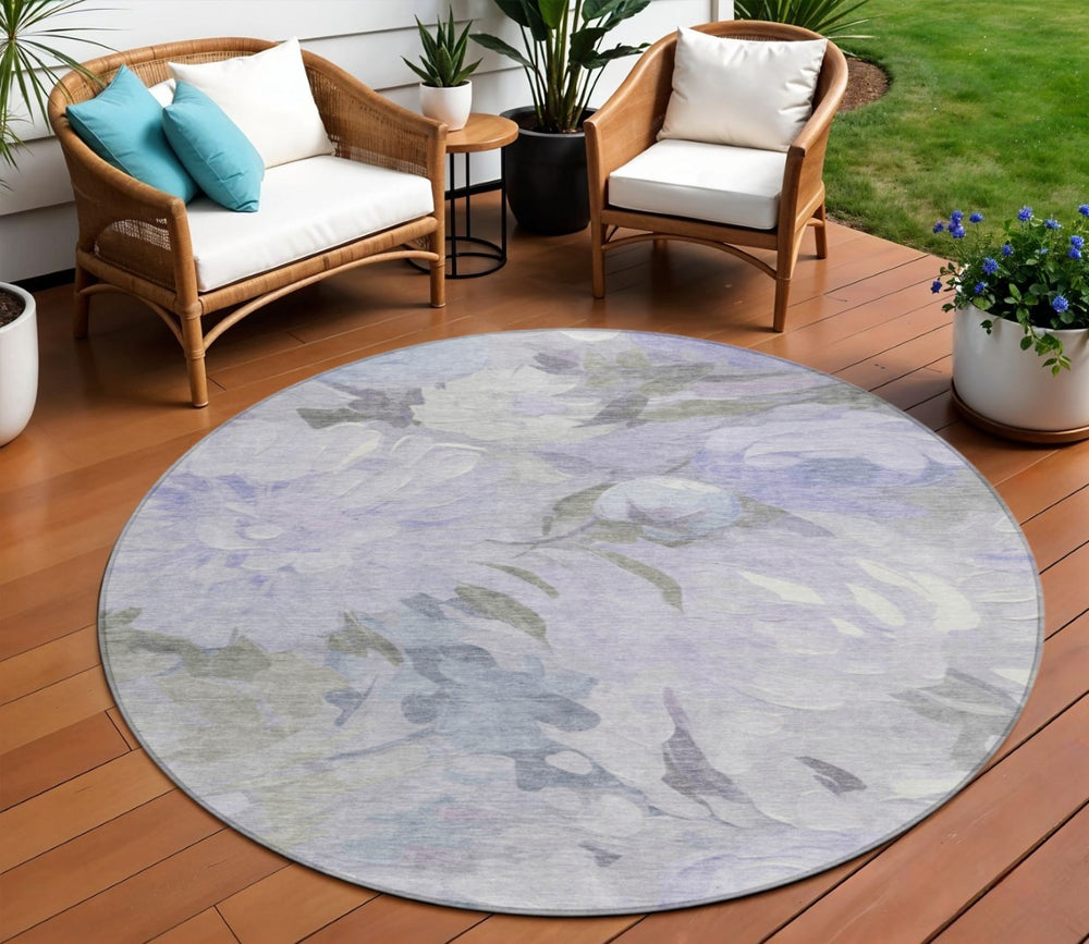 HomeRoots 8' Round Floral Washable Rug in Lavender & Ivory - Durable, Stylish, Perfect for Indoor & Outdoor Use 641160