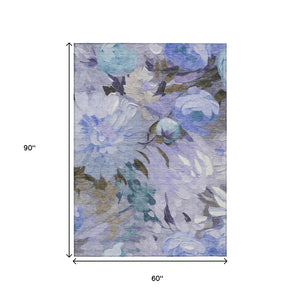 HomeRoots 5' Vibrant Purple and Blue Floral Washable Area Rug – Durable, Stylish, Indoor-Outdoor Essential! 641171