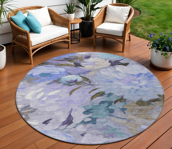 HomeRoots 8' Round Floral Area Rug in Purple and Blue - Washable, Durable, Perfect for Indoor & Outdoor Use! 641172