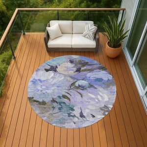 HomeRoots 8' Round Floral Area Rug in Purple and Blue - Washable, Durable, Perfect for Indoor & Outdoor Use! 641172