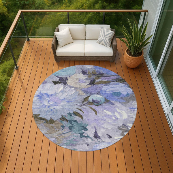 HomeRoots 8' Round Floral Area Rug in Purple and Blue - Washable, Durable, Perfect for Indoor & Outdoor Use! 641172