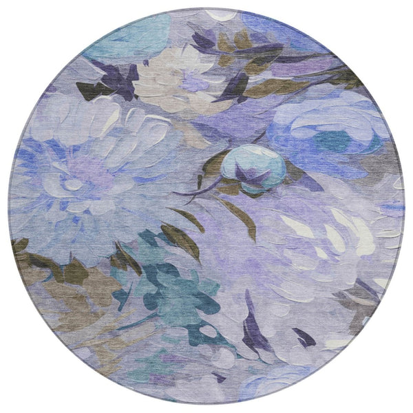 HomeRoots 8' Round Floral Area Rug in Purple and Blue - Washable, Durable, Perfect for Indoor & Outdoor Use! 641172