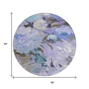 HomeRoots 8' Round Floral Area Rug in Purple and Blue - Washable, Durable, Perfect for Indoor & Outdoor Use! 641172