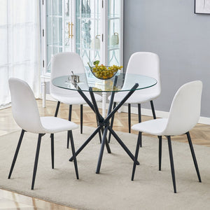 English Elm Table Set - Contemporary 36.6" Round Tempered Glass Dining Table With 4 White Linen Chairs For Modern Homes W1151S03670-GIGA