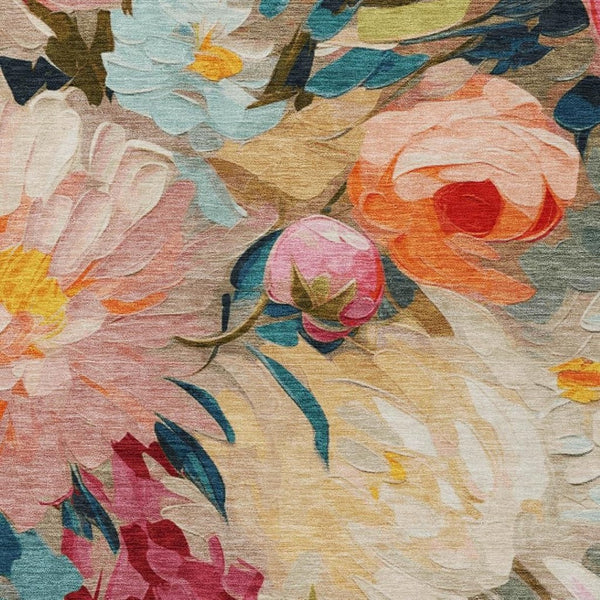 HomeRoots 5' Vibrant Floral Washable Area Rug in Beige, Yellow, Teal & Blue – Ideal for Indoor & Outdoor Use! 641177