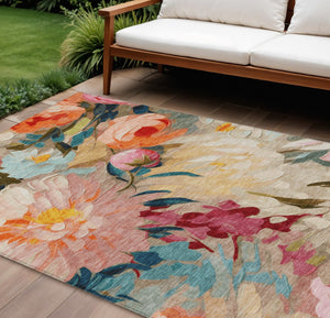 HomeRoots 5' Vibrant Floral Washable Area Rug in Beige, Yellow, Teal & Blue – Ideal for Indoor & Outdoor Use! 641177