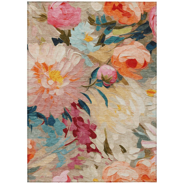 HomeRoots 5' Vibrant Floral Washable Area Rug in Beige, Yellow, Teal & Blue – Ideal for Indoor & Outdoor Use! 641177