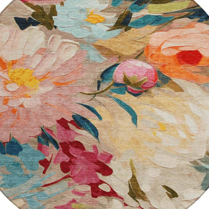 HomeRoots 8' Round Floral Area Rug in Beige, Yellow, Teal, and Orange - Washable for Indoor/Outdoor Use! 641178