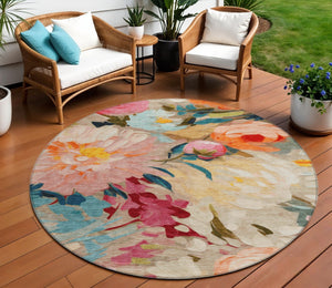 HomeRoots 8' Round Floral Area Rug in Beige, Yellow, Teal, and Orange - Washable for Indoor/Outdoor Use! 641178