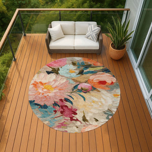 HomeRoots 8' Round Floral Area Rug in Beige, Yellow, Teal, and Orange - Washable for Indoor/Outdoor Use! 641178