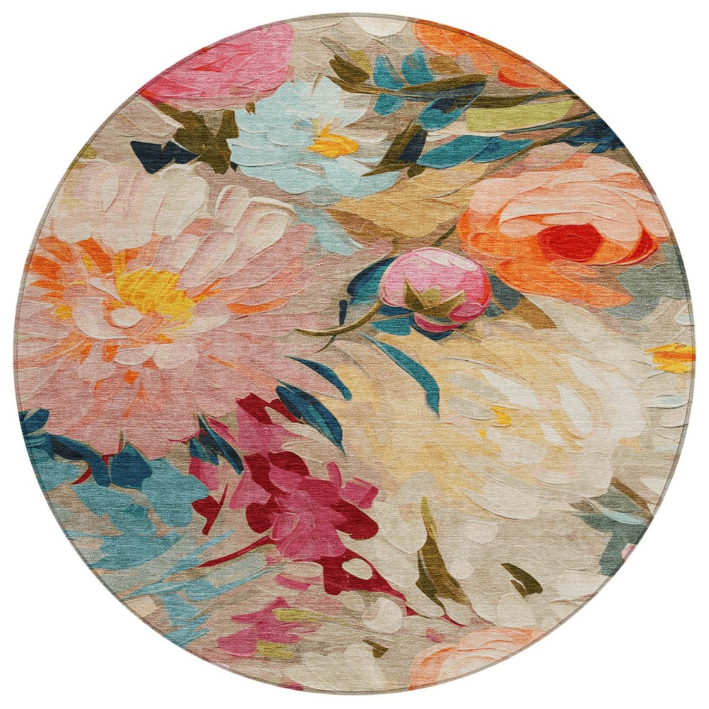 HomeRoots 8' Round Floral Area Rug in Beige, Yellow, Teal, and Orange - Washable for Indoor/Outdoor Use! 641178