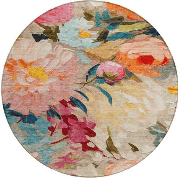HomeRoots 8' Round Floral Area Rug in Beige, Yellow, Teal, and Orange - Washable for Indoor/Outdoor Use! 641178