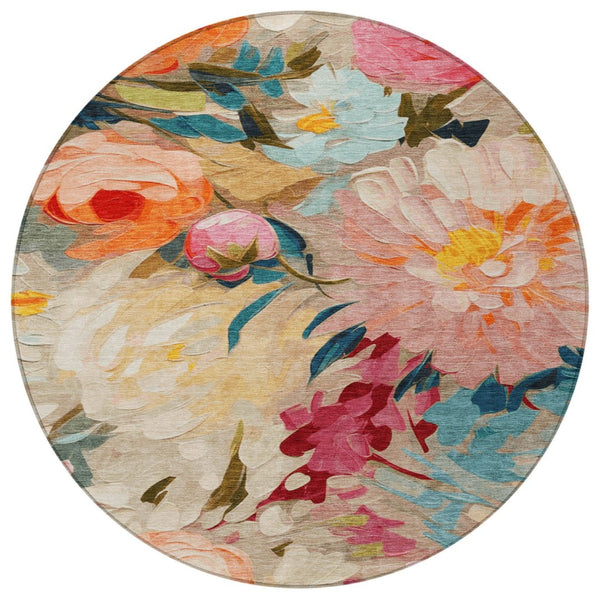 HomeRoots 8' Round Floral Area Rug in Beige, Yellow, Teal, and Orange - Washable for Indoor/Outdoor Use! 641178
