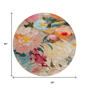 HomeRoots 8' Round Floral Area Rug in Beige, Yellow, Teal, and Orange - Washable for Indoor/Outdoor Use! 641178