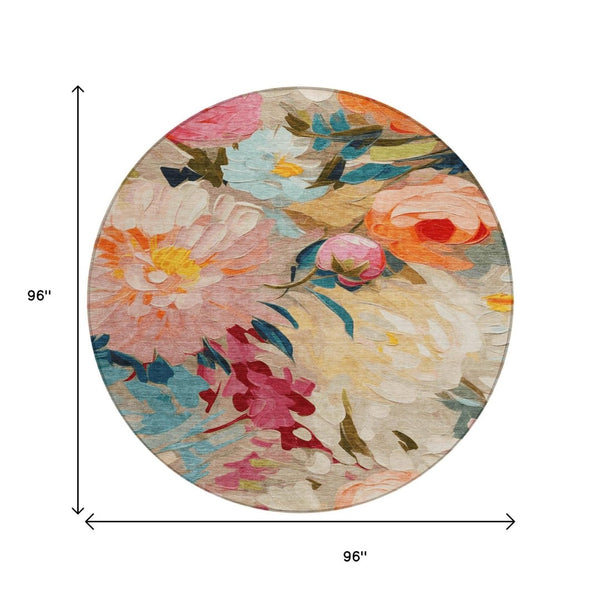 HomeRoots 8' Round Floral Area Rug in Beige, Yellow, Teal, and Orange - Washable for Indoor/Outdoor Use! 641178