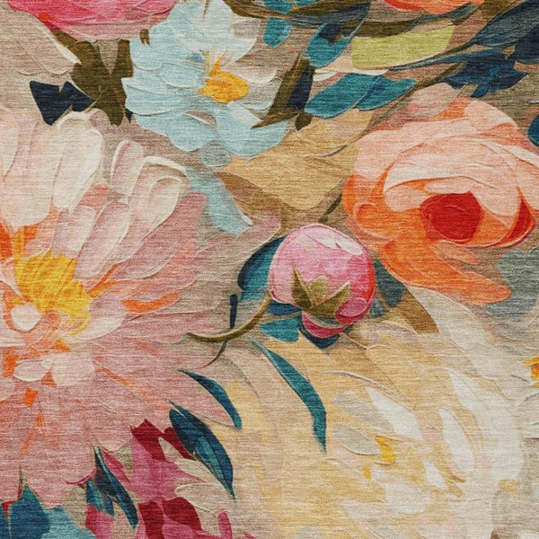 HomeRoots 8' X 10' Floral Washable Area Rug in Beige, Yellow, Teal, Blue & Orange - Durable for Indoor & Outdoor Use 641179
